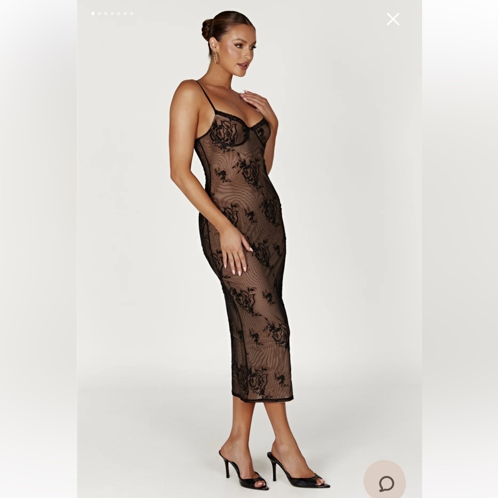 VENICE Meshki Embroidered Mesh Midi Dress - Black. Brand new, never worn